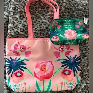 Clinique Peach and Green Floral Tote Bag Set